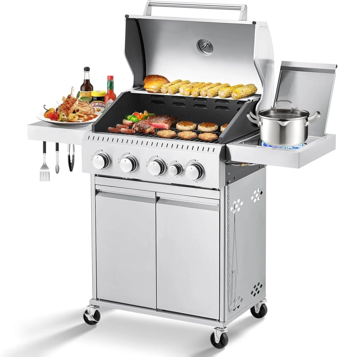 ZenVora 4-Burner Propane Gas Grill with Cast Iron Grates, Side Stove and 44,000 BTU Stainless Steel Burners