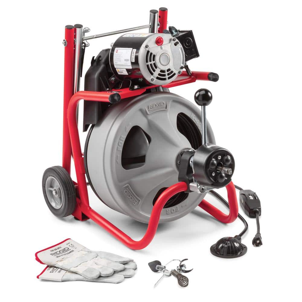 ZenVora 120V Drum Drain Cleaning Snake Auger with 3/8-In. x 75-Ft. Cable, 4-Piece Tool Set and Gloves