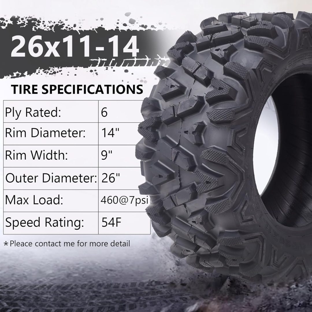 ZenVora Set of 2 26x12-12 6PR All-Terrain ATV/UTV Off-Road Tires, Black