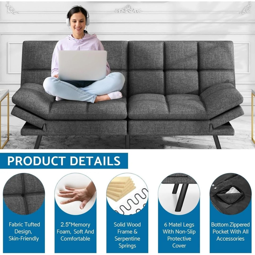 ZenVora Convertible Futon Sofa Bed with Memory Foam, Foldable Loveseat Sleeper with Adjustable Armrests