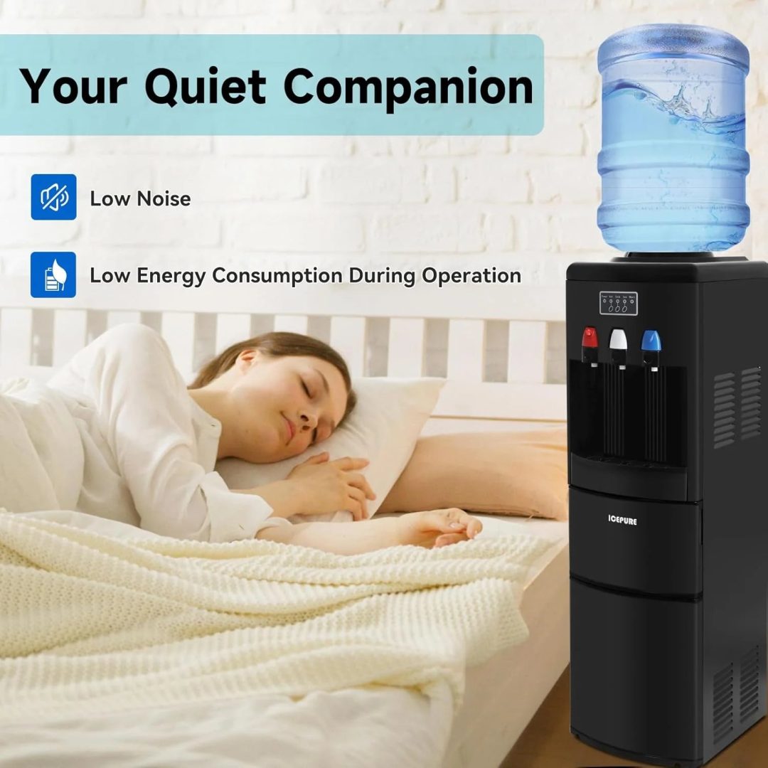 ZenVora 3-in-1 Hot & Cold Water Cooler with Built-in Ice Maker – Top Loading for 3-5 Gallon Bottles, Child Safety Lock, Black