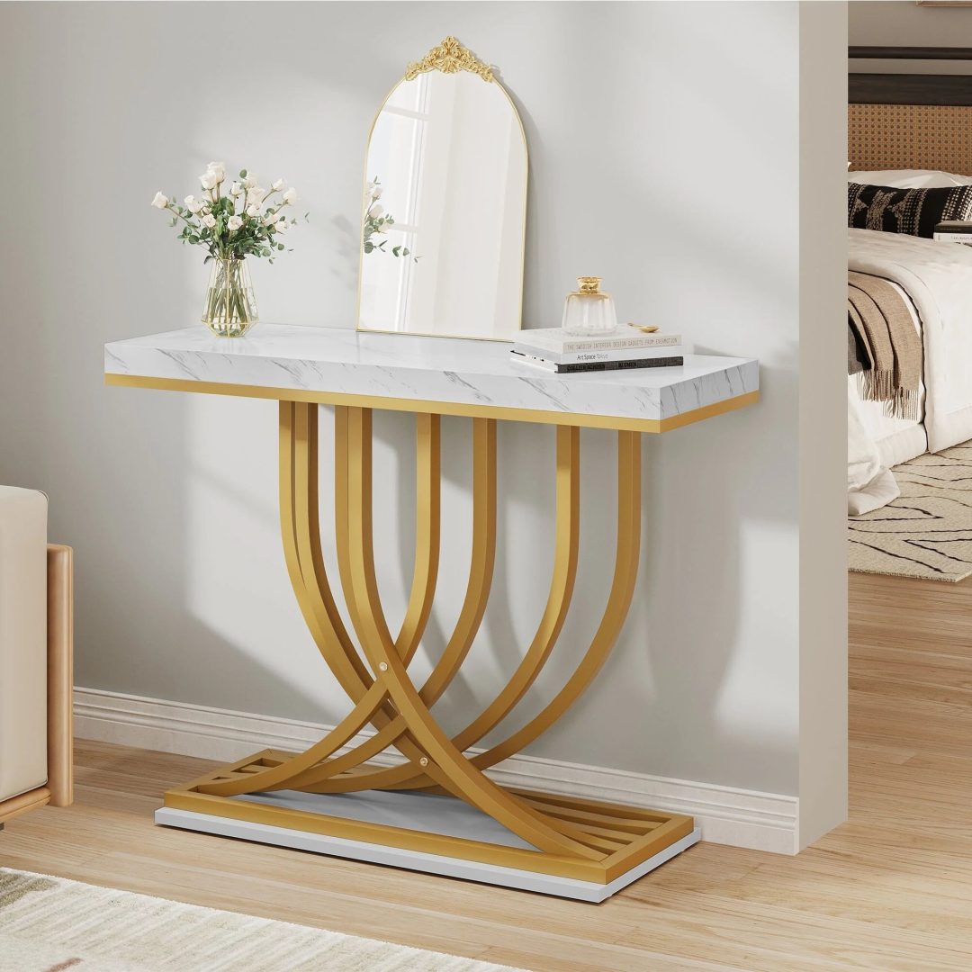 ZenVora Modern Gold Console Table with Marbled Top, Sofa Table for Entryway and Hallway