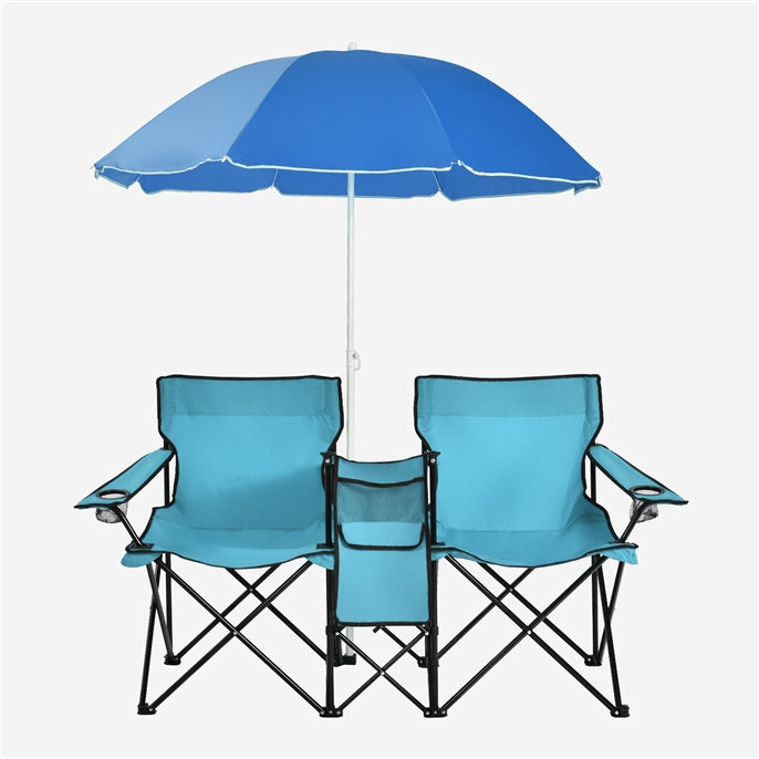 ZenVora Double Folding Picnic Chairs with Umbrella – Mini Table & Beverage Holder Included