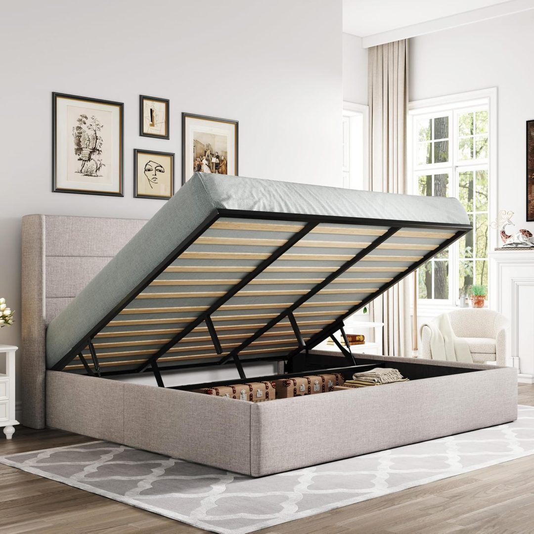 ZenVora Queen Size Lift Up Storage Bed with Wingback Headboard, Upholstered Platform Bed Frame with Hidden Storage