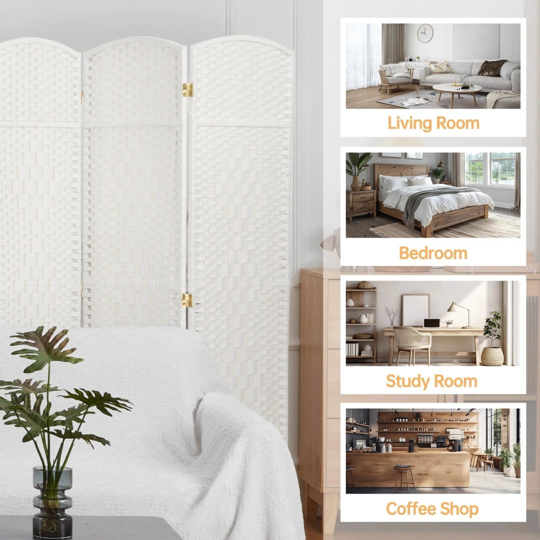 ZenVora 6 FT Tall Woven Fiber Room Divider, Freestanding Folding Privacy Screen