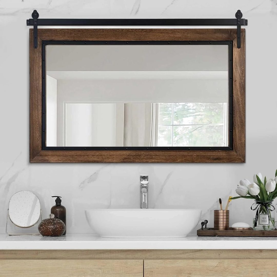 ZenVora Farmhouse Barn Door Style Bathroom Vanity Mirror, Natural Wood Wall Mirror for Bathroom, Bedroom and Entryway