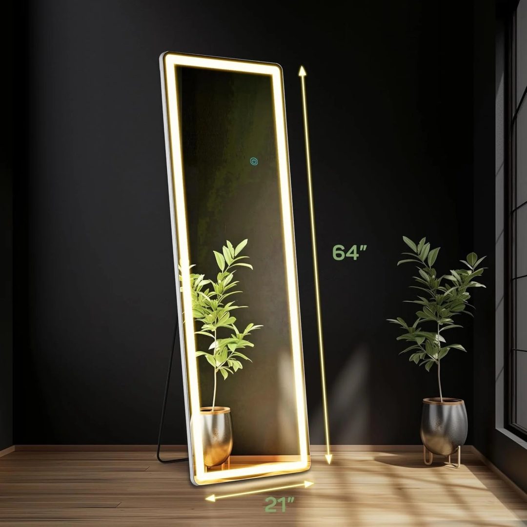 ZenVora 64 x 21 Inch Full Length LED Floor Mirror with Stand, Full Body Wall Mounted Mirror