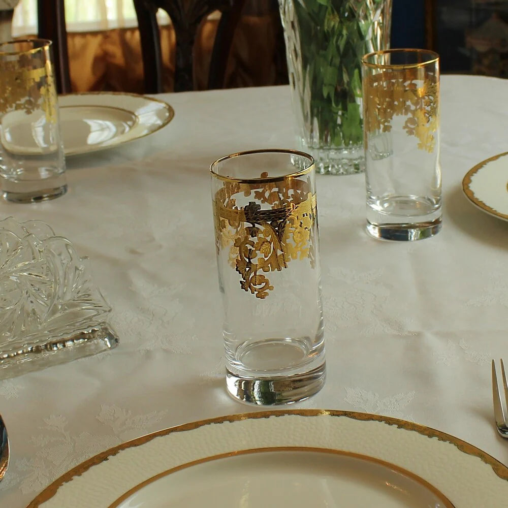 ZenVora Set of 4 24K Gold Embellished Crystal Highball Tumblers, Made in Italy