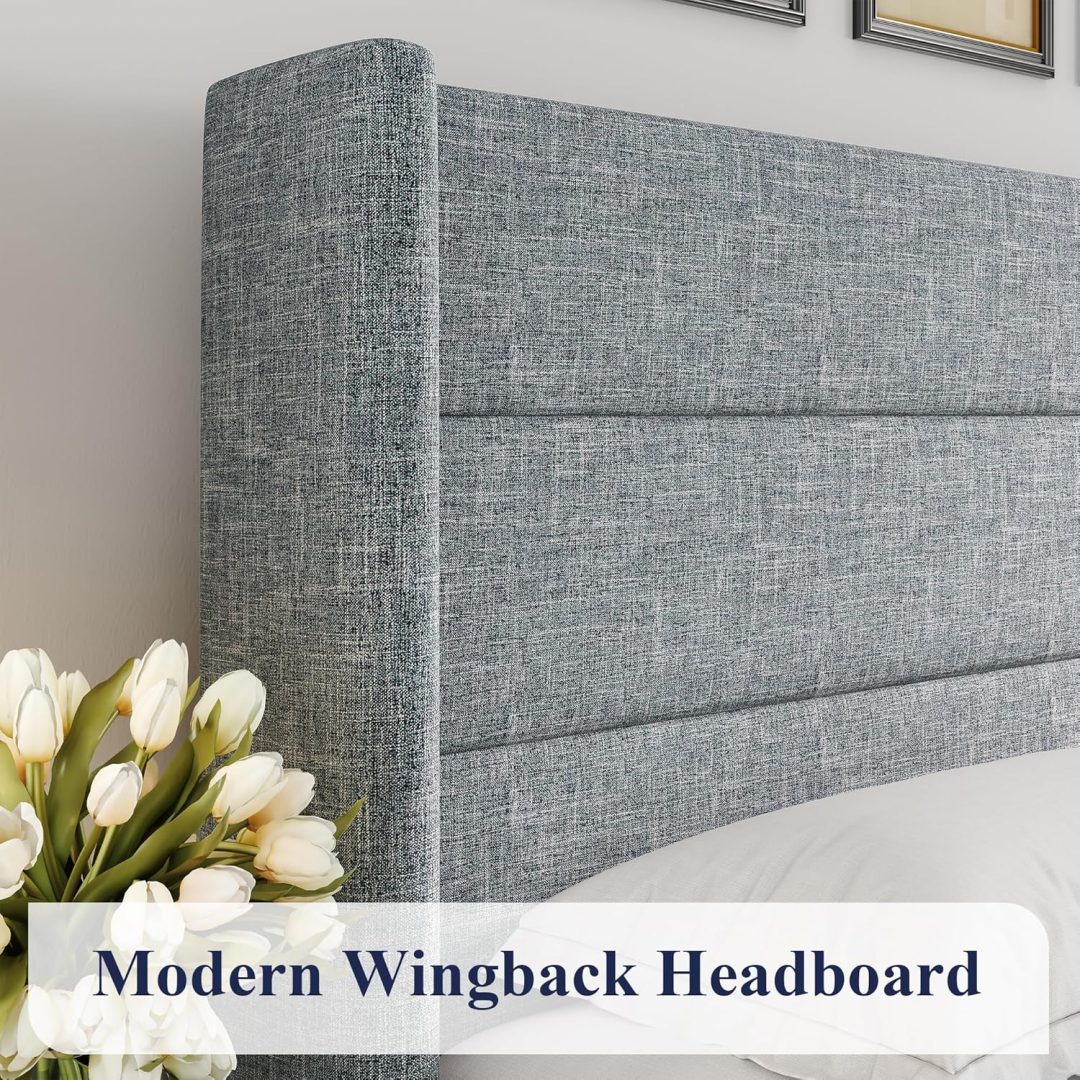 ZenVora Queen Size Lift Up Storage Bed with Wingback Headboard, Upholstered Platform Bed Frame with Hidden Storage