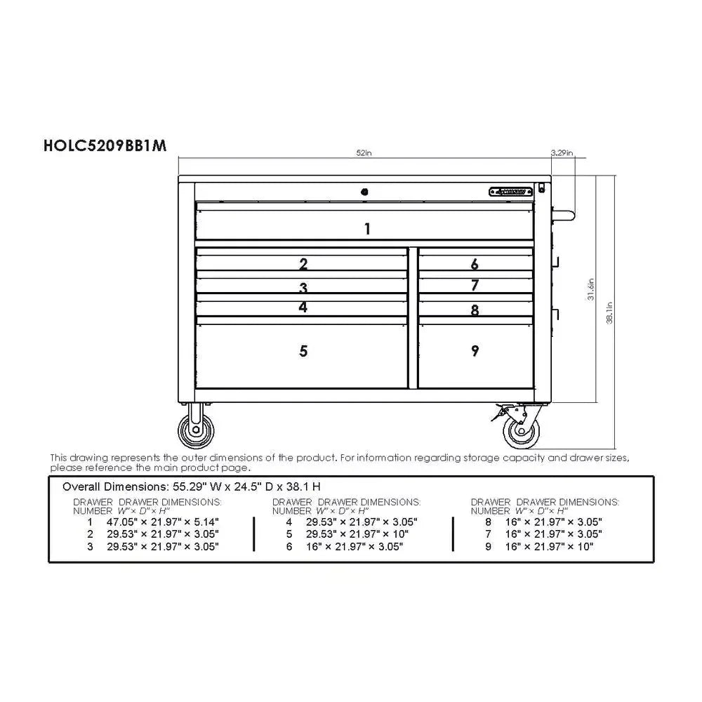ZenVora 52-Inch 9-Drawer Mobile Workbench with Adjustable Height Wood Top, Heavy Duty Rolling Tool Cabinet