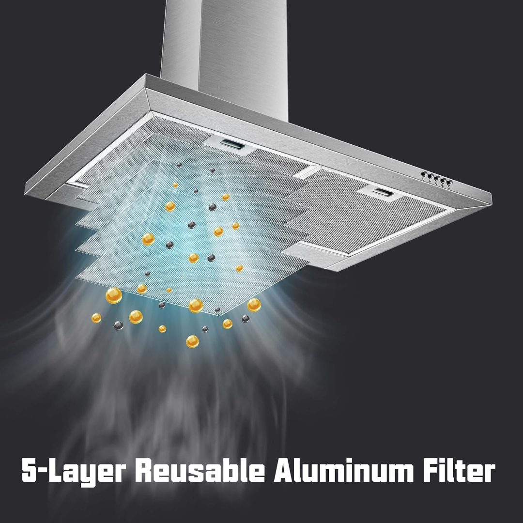 30 Inch Wall Mount Stainless Steel Range Hood, Modern Kitchen Exhaust Vent Hood with LED Light