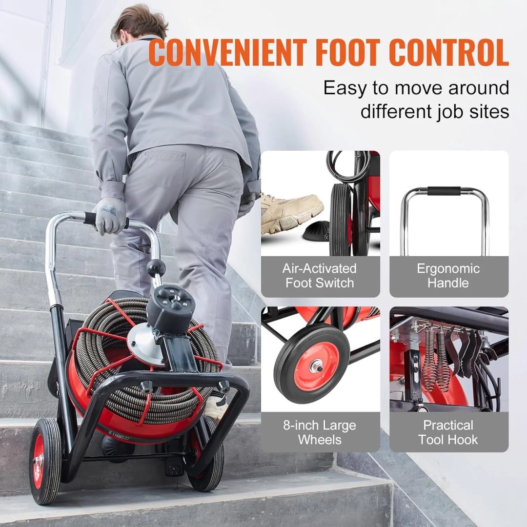 ZenVora 550W Drain Cleaning Machine, 100-Ft. x 1/2-Inch Sewer Snake Auger with 8 Cutters, Wheels and Foot Switch, for 2-4-Inch Pipes