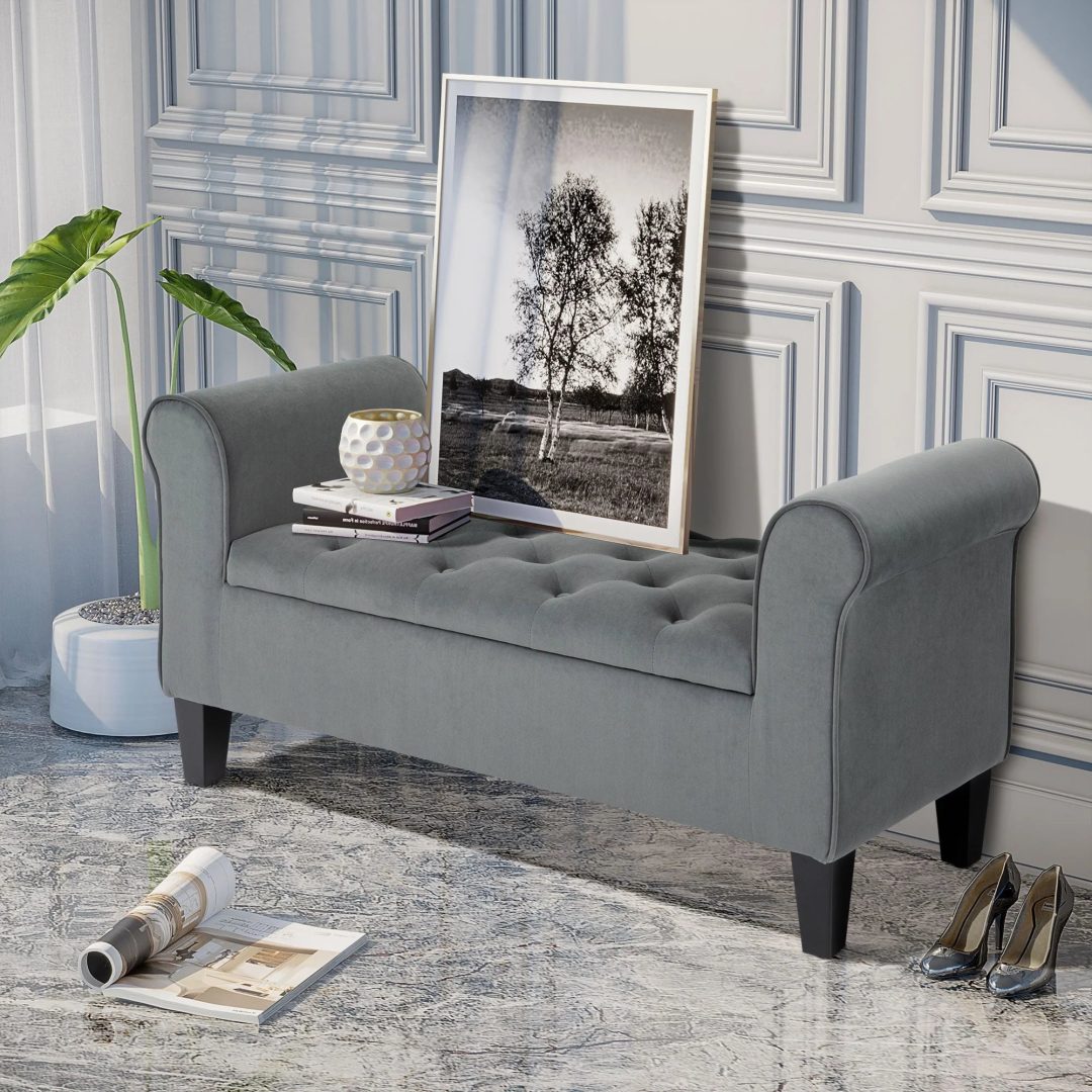 ZenVora Button-Tufted Storage Ottoman Bench, Upholstered Bed Bench with Rolled Armrests for Bedroom, Living Room and Hallway