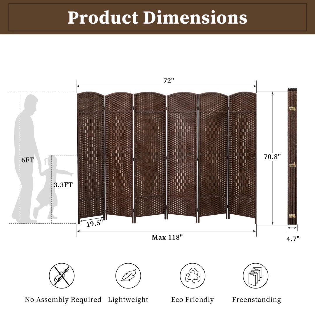 ZenVora 6 FT Tall Woven Fiber Room Divider, Freestanding Folding Privacy Screen