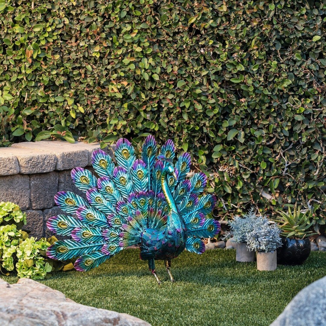 ZenVora Tall Metallic Peacock Garden Statue, Multicolor Outdoor Standing Bird Sculpture for Yard, Patio and Garden Decoration