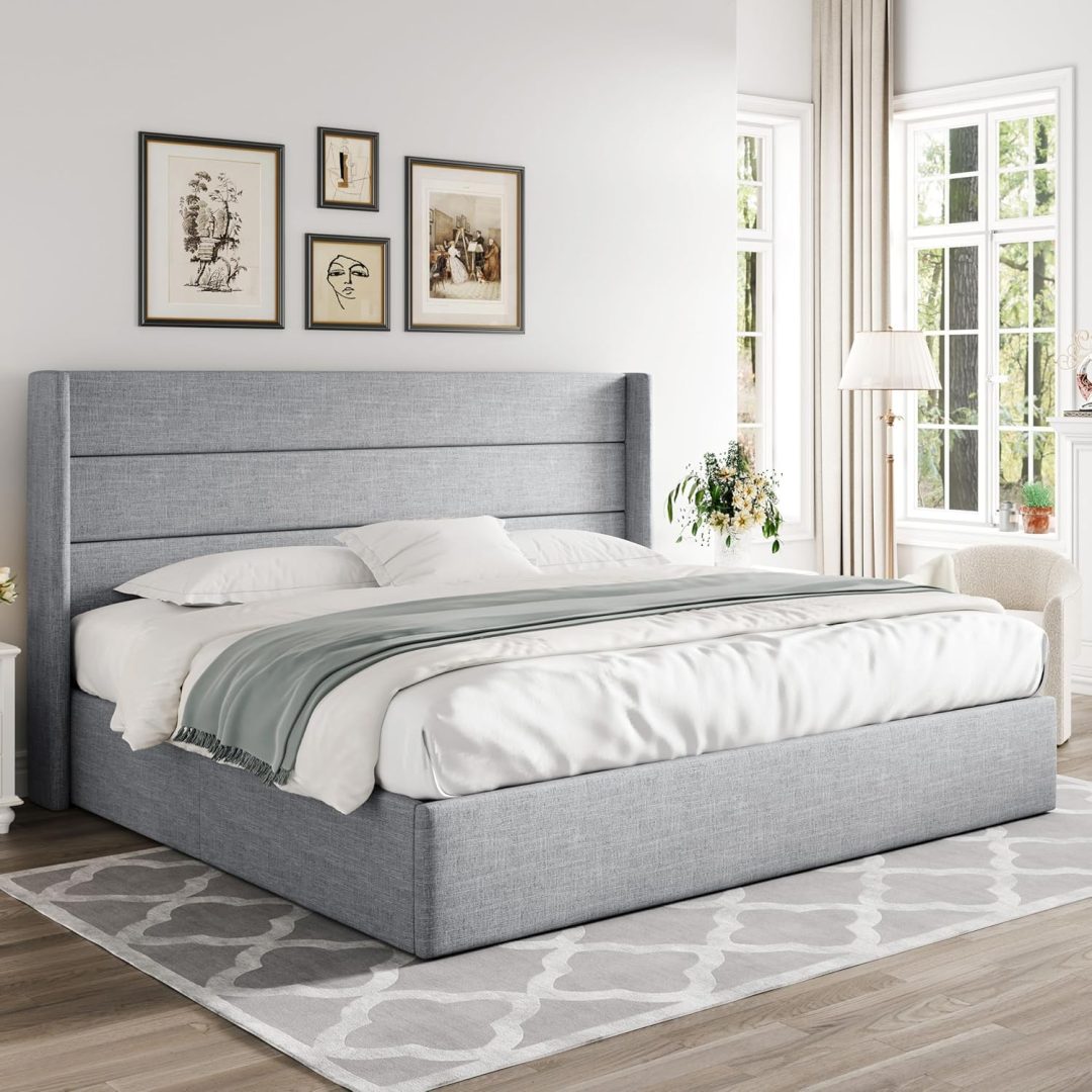 ZenVora Queen Size Lift Up Storage Bed with Wingback Headboard, Upholstered Platform Bed Frame with Hidden Storage