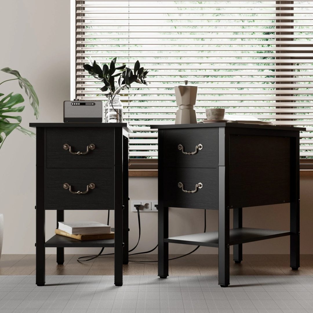 Narrow End Table with Charging Station, Chairside Table with Drawers, USB Ports and Power Outlets