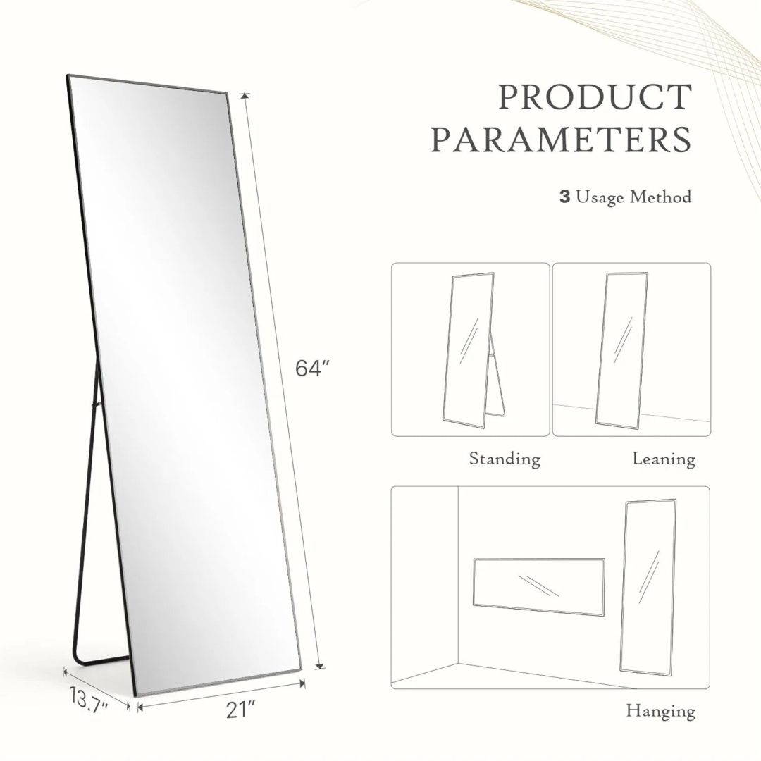 ZenVora Full Length Mirror with Stand, Aluminum Alloy Frame Full Body Floor Mirror for Bedroom and Cloakroom