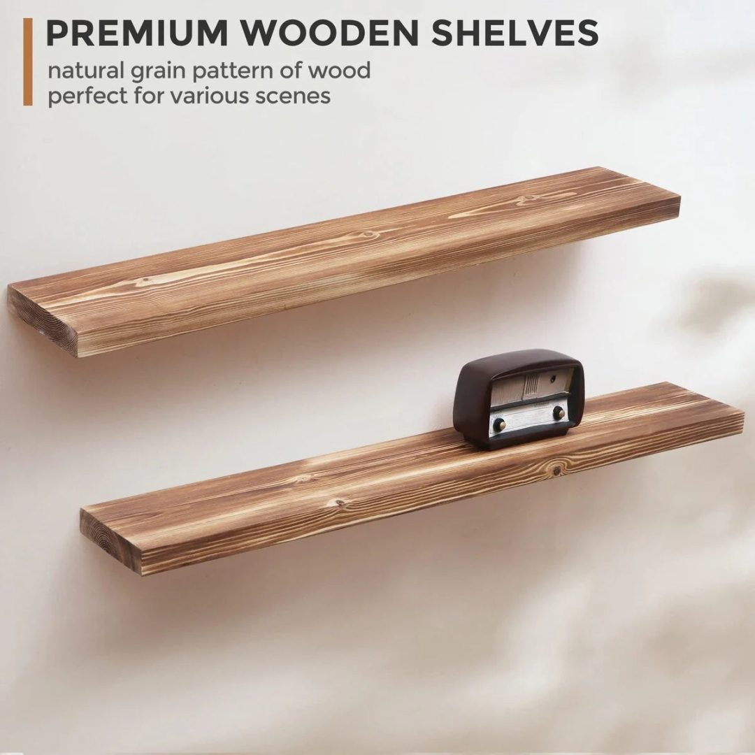 ZenVora Set of 2 Handcrafted European Pine Floating Wall Shelves, Natural Rustic Wood