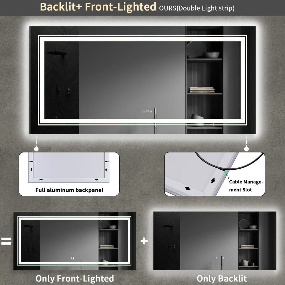 ZenVora Extra Large LED Lighted Bathroom Mirror, Anti-Fog Wall Mounted Vanity Mirror with 3 Colors