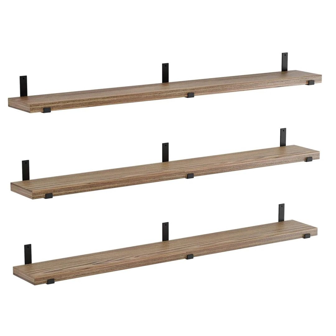 ZenVora 72 Inch Floating Wood Wall Shelves, Set of 3 Burnt Wood Display and Storage Shelves for Home Decor