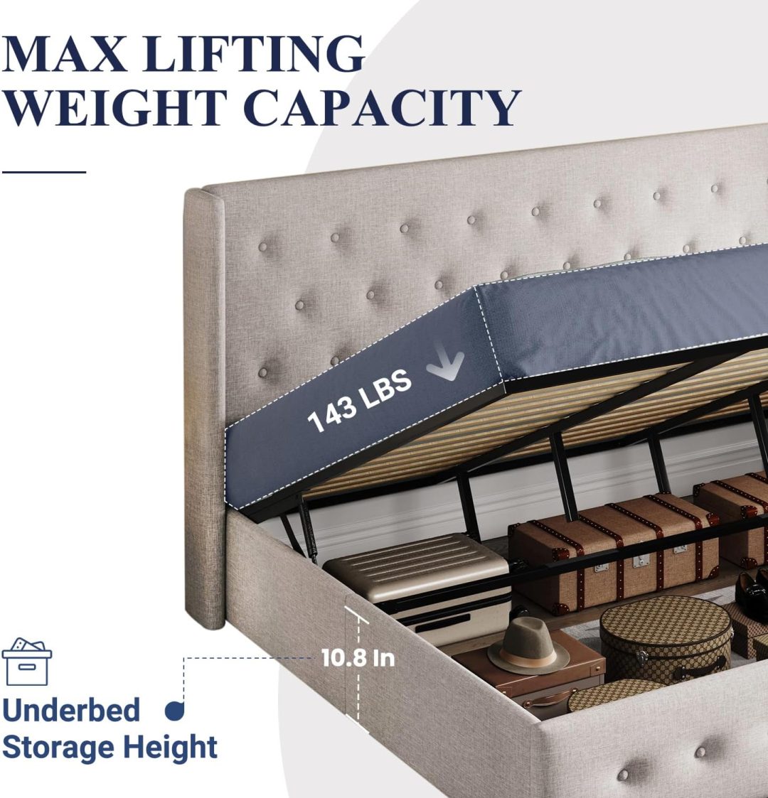 ZenVora Queen Size Lift Up Storage Bed with Wingback Headboard, Upholstered Platform Bed Frame with Hidden Storage