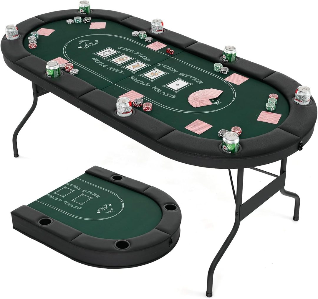 ZenVora Foldable Poker Table for 8 Players, Card Game Table with Deep Metal Cup Holders