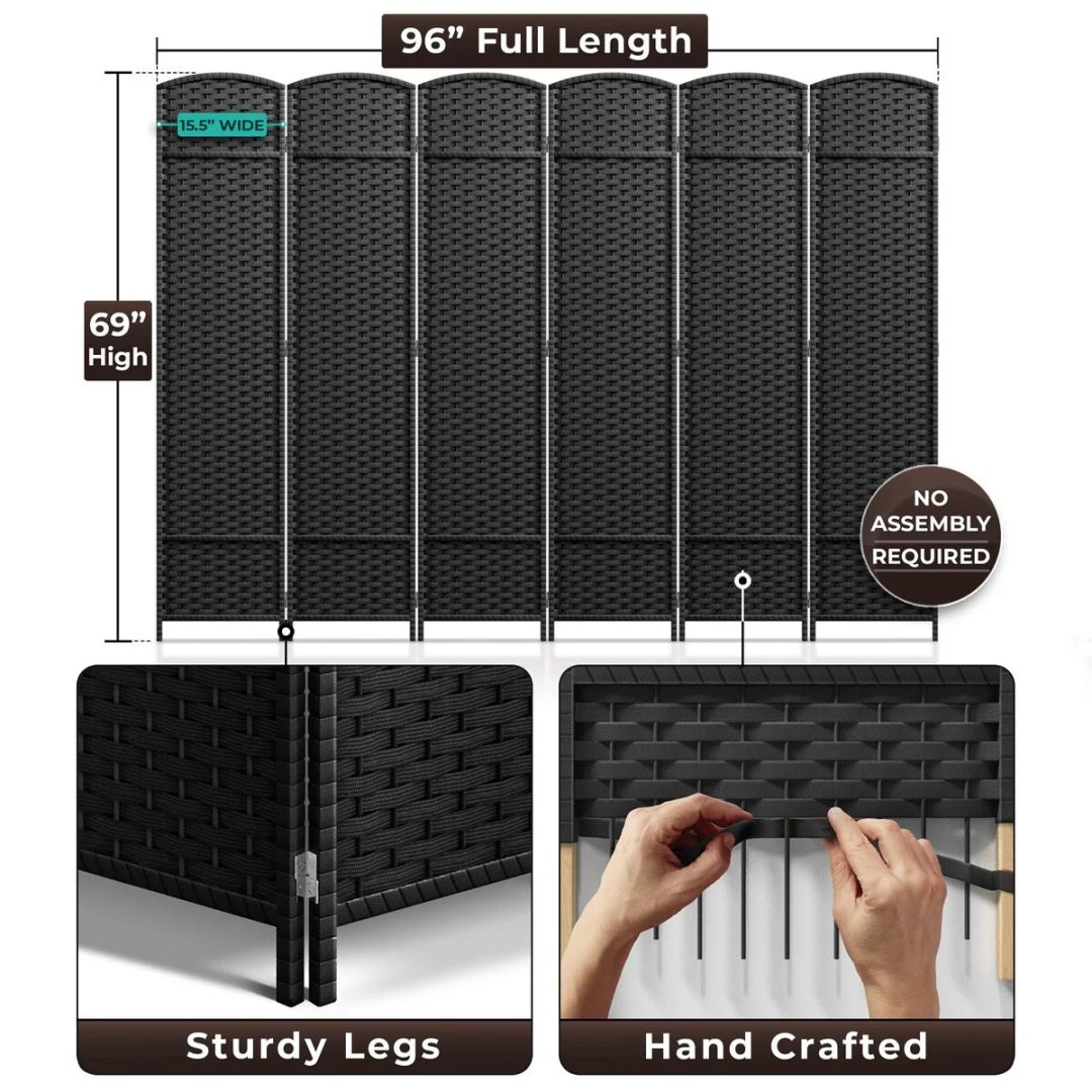 ZenVora 6 Panel Room Divider, 6ft Tall Extra Wide Folding Privacy Screen with Hand-Woven Mesh Panels