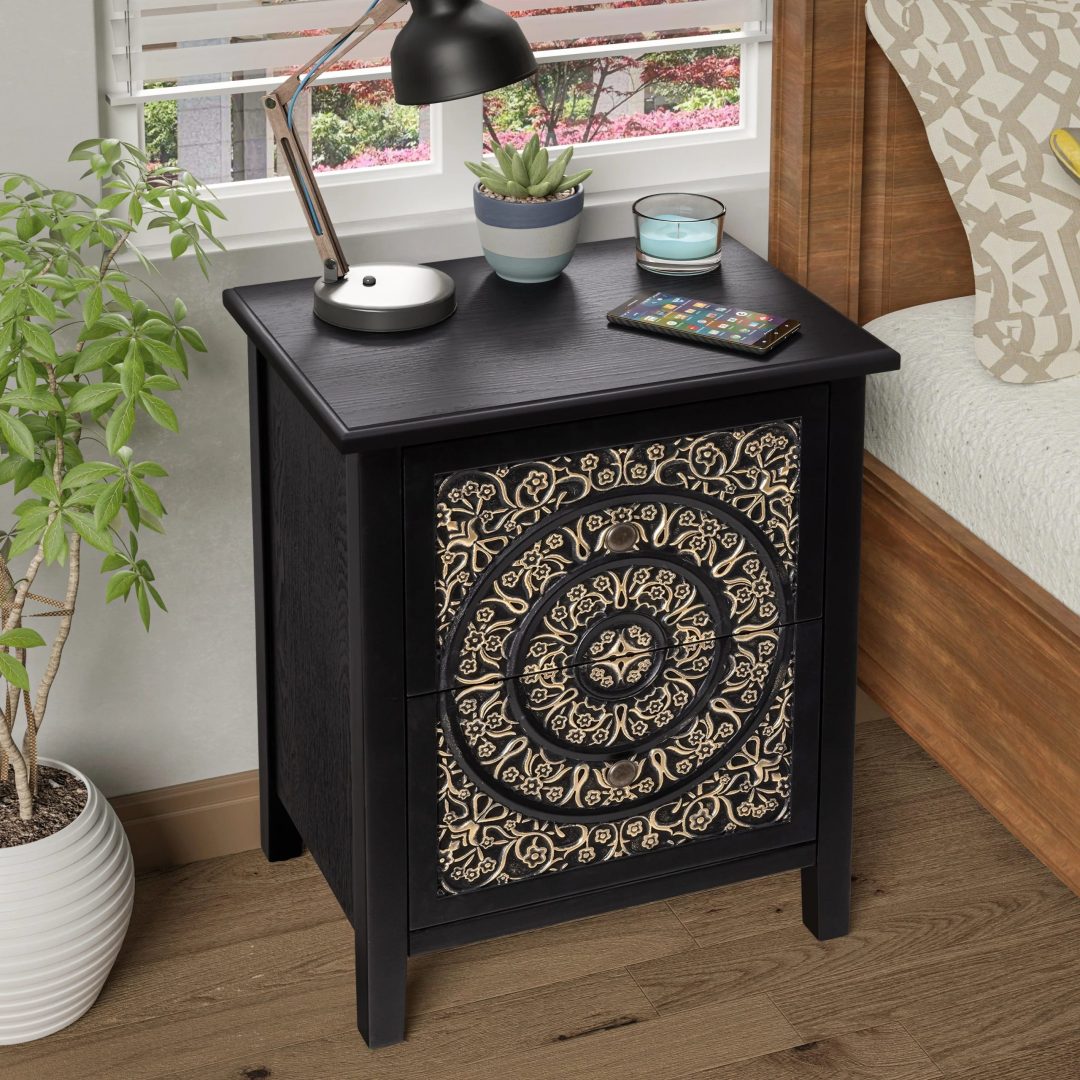Farmhouse Fully Assembled Nightstand with 2 Drawers, Flower Motif End Table for Small Spaces