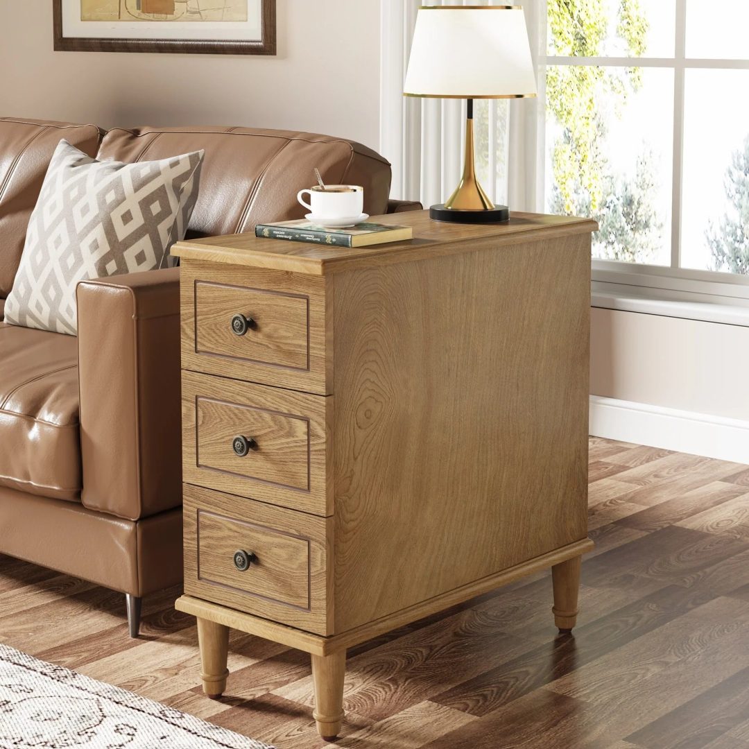 ZenVora Fully Assembled Narrow End Table, Solid Wood Side Table with 3 Drawers, Vintage Nightstand for Small Spaces