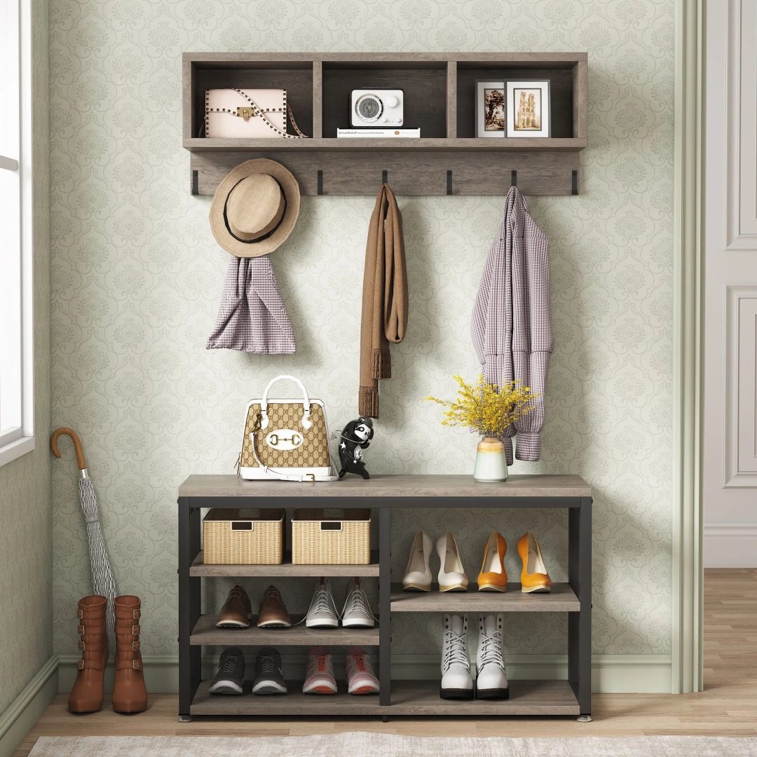 ZenVora Entryway Coat Rack and Shoe Bench Set, Industrial Hall Tree with Coat and Shoe Storage