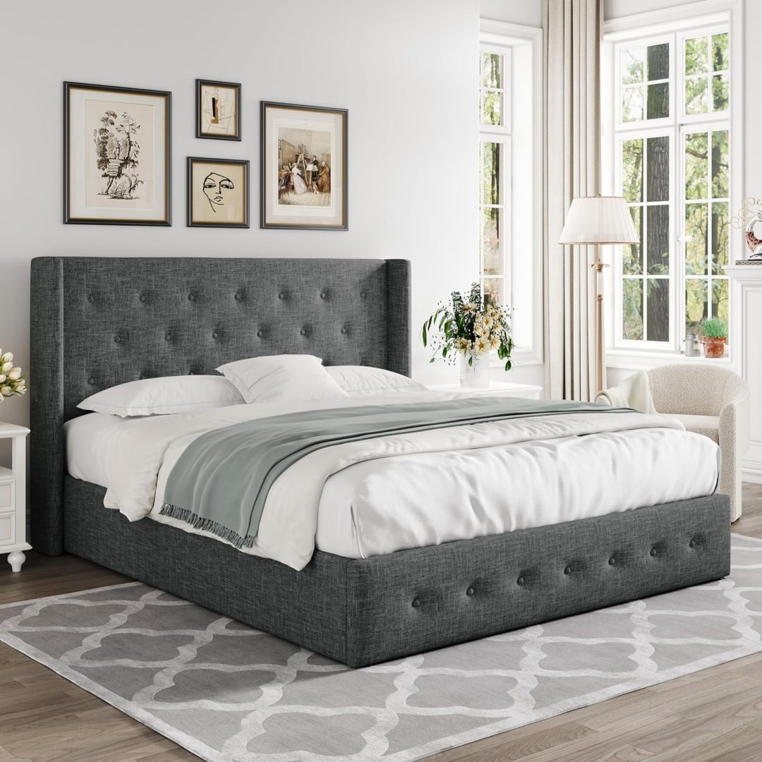 ZenVora Queen Size Lift Up Storage Bed with Wingback Headboard, Upholstered Platform Bed Frame with Hidden Storage