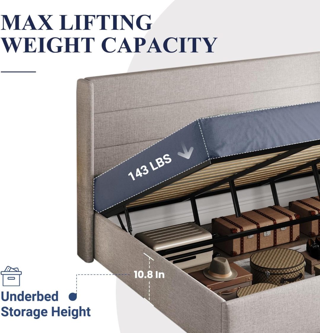 ZenVora Queen Size Lift Up Storage Bed with Wingback Headboard, Upholstered Platform Bed Frame with Hidden Storage