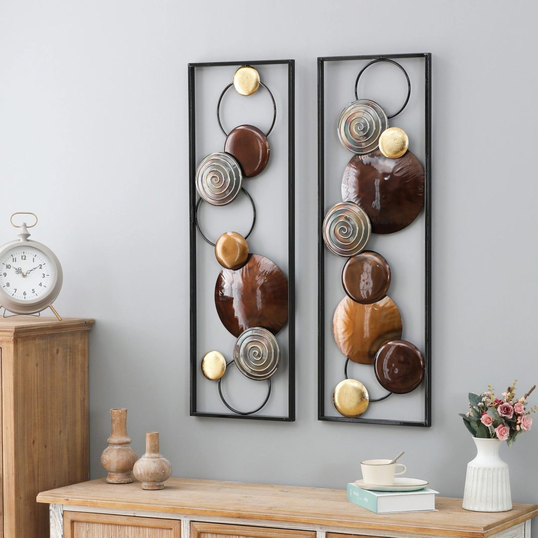 ZenVora Set of 2 Modern Gold and Brown Metal Wall Decor, Abstract Decorative Wall Art for Living Room, Bedroom and Home Decoration