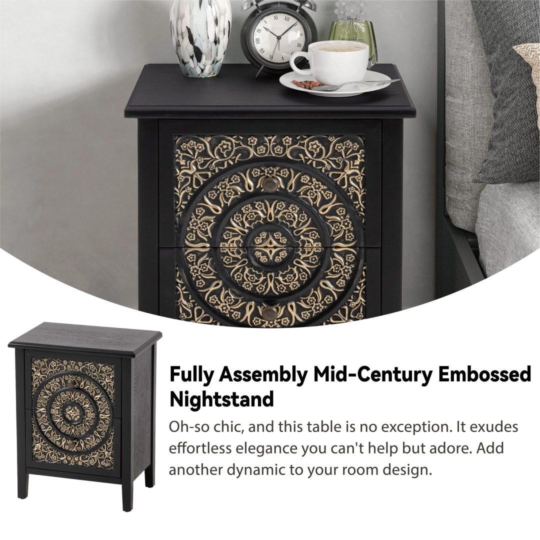 Farmhouse Fully Assembled Nightstand with 2 Drawers, Flower Motif End Table for Small Spaces