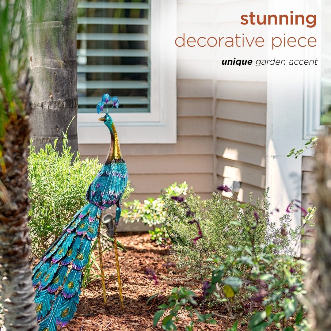 ZenVora Tall Metallic Peacock Garden Statue, Multicolor Outdoor Standing Bird Sculpture for Yard, Patio and Garden Decoration
