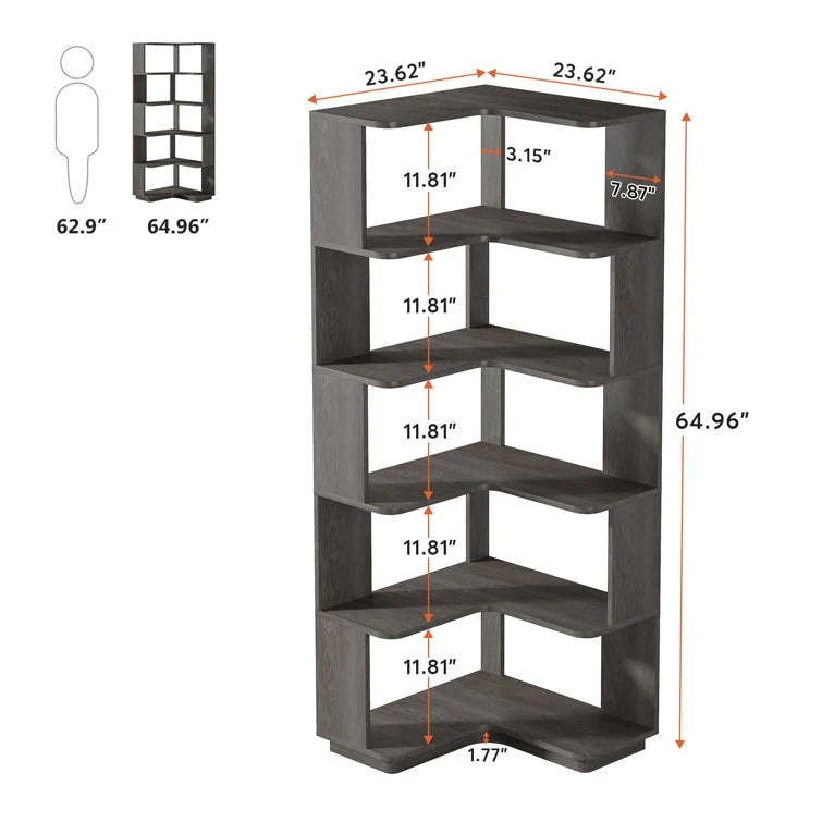 ZenVora 64.9 Inch Tall 6-Tier Corner Bookshelf, Freestanding Wood Industrial Bookcase