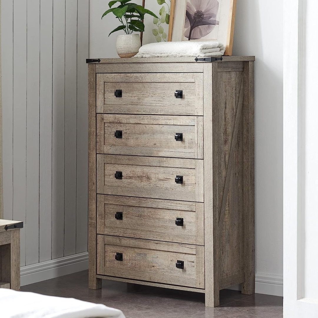 ZenVora 48 Inch Tall Farmhouse Wood Dresser, 5 Drawer Chest of Drawers for Bedroom