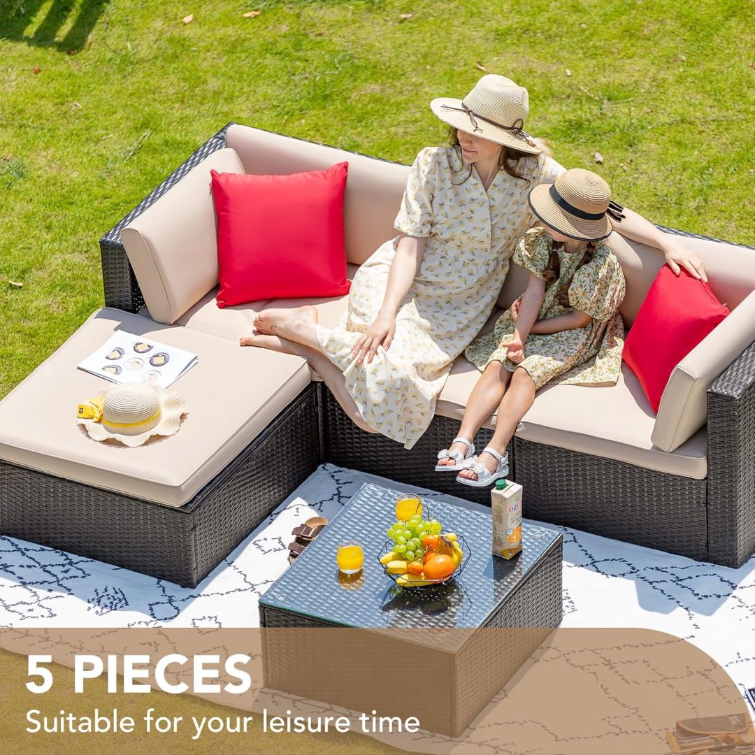 ZenVora 5-Piece All-Weather Patio Furniture Set with Cushions, Outdoor Wicker Conversation Sofa Set for Garden, Deck & Backyard