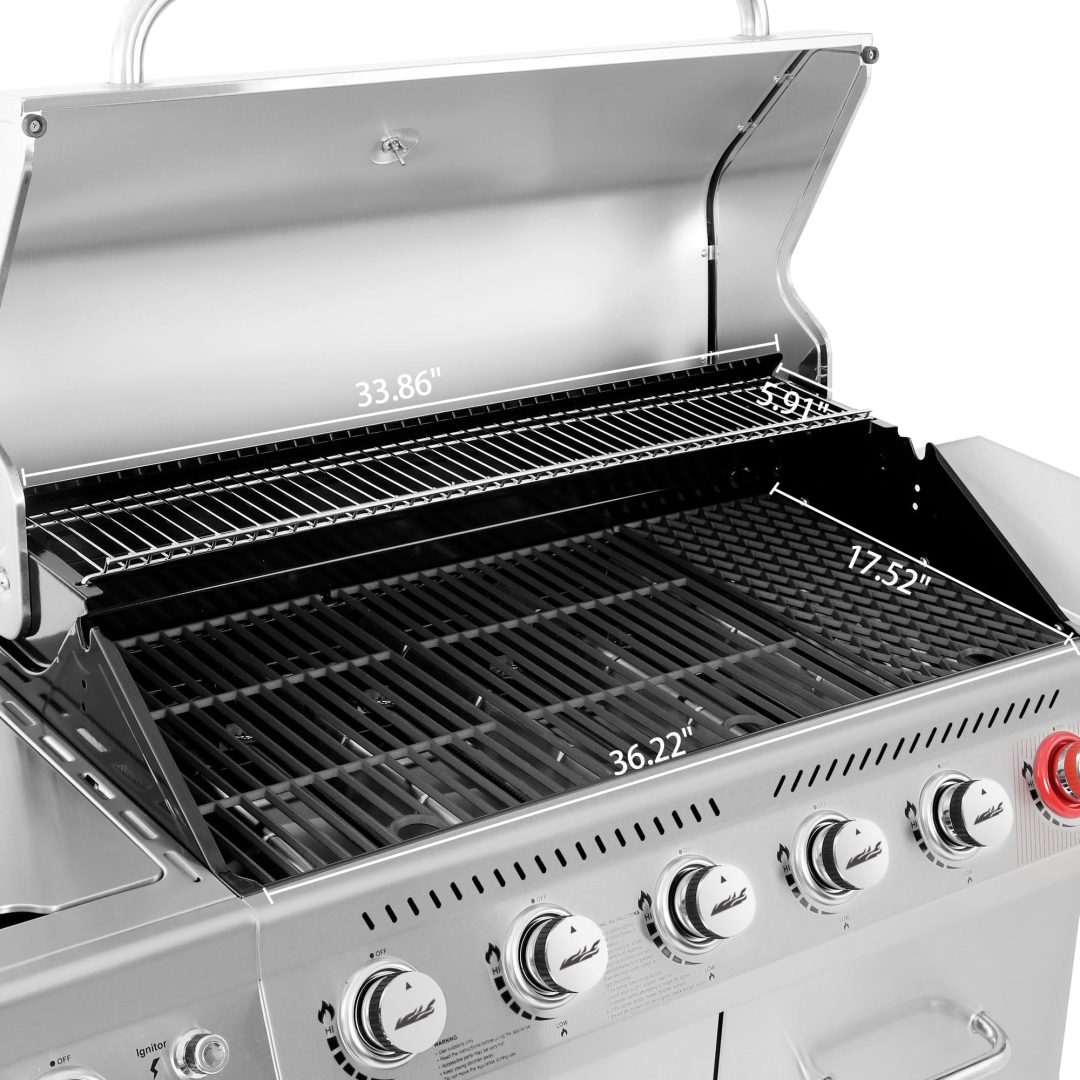 ZenVora Stainless Steel 6-Burner Gas Grill – 74,000 BTU with Sear & Side Burner, Cabinet Style