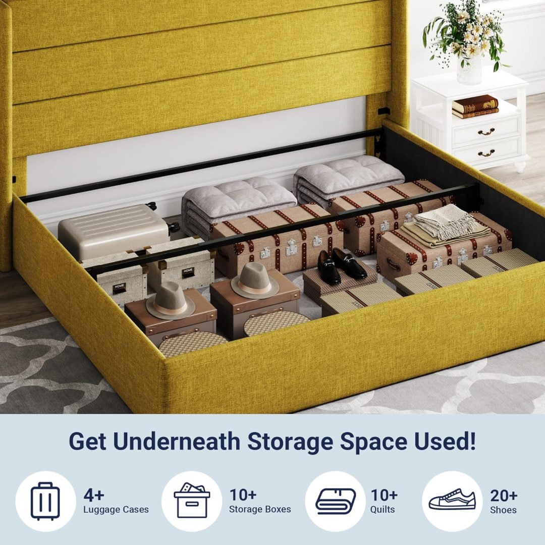 ZenVora Queen Size Lift Up Storage Bed with Wingback Headboard, Upholstered Platform Bed Frame with Hidden Storage