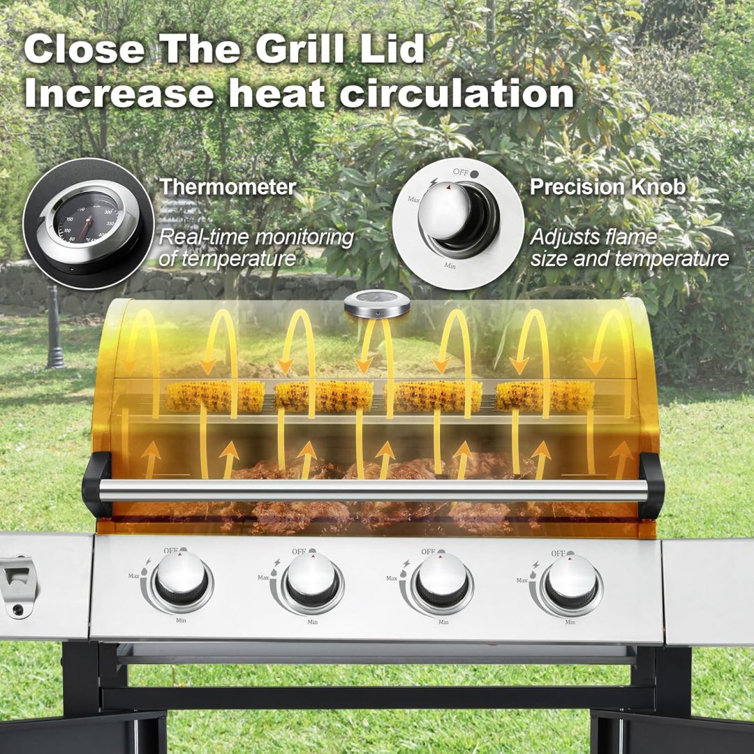 ZenVora 4-Burner Propane Gas Grill with Cast Iron Grates, Side Stove and 44,000 BTU Stainless Steel Burners