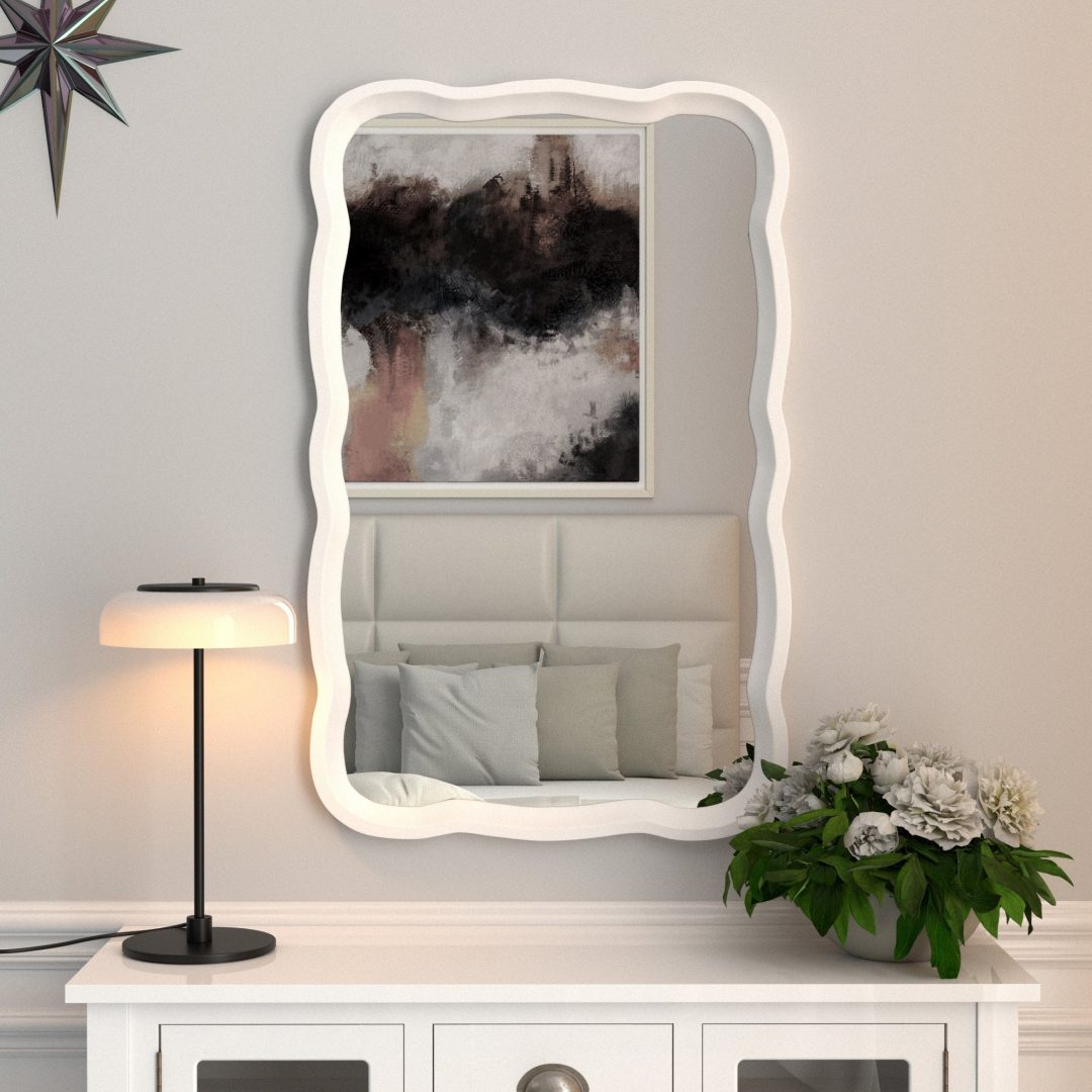 ZenVora Curved Scallop Wood Frame Accent Mirror, Modern Decorative Wall Mirror for Living Room, Bedroom and Entryway