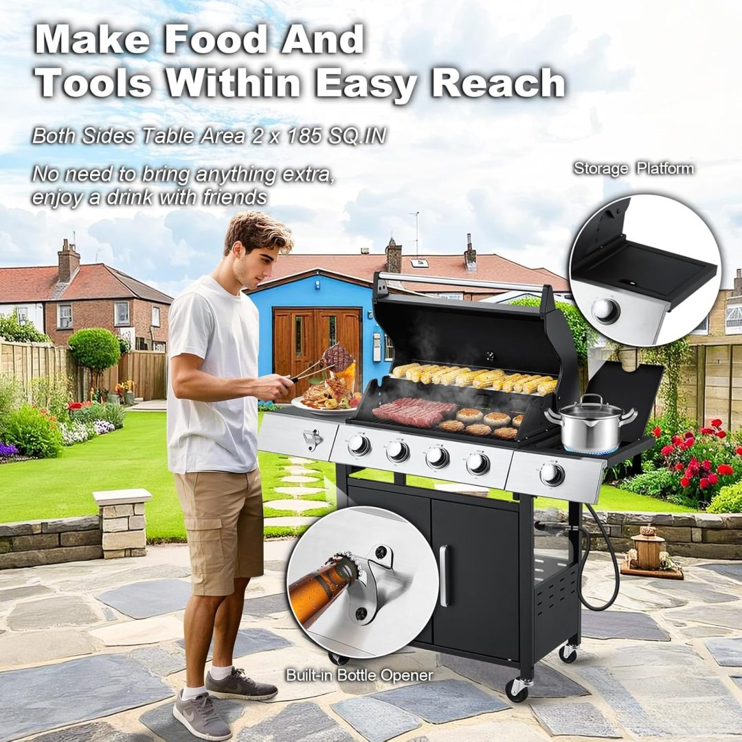 ZenVora 4-Burner Propane Gas Grill with Cast Iron Grates, Side Stove and 44,000 BTU Stainless Steel Burners