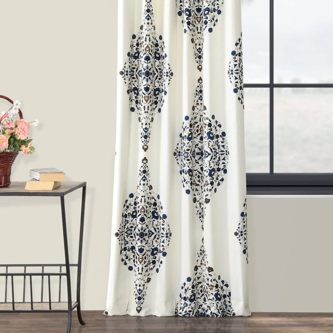 Medallion Damask Printed Cotton Room Darkening Curtain Panel, 1 Piece