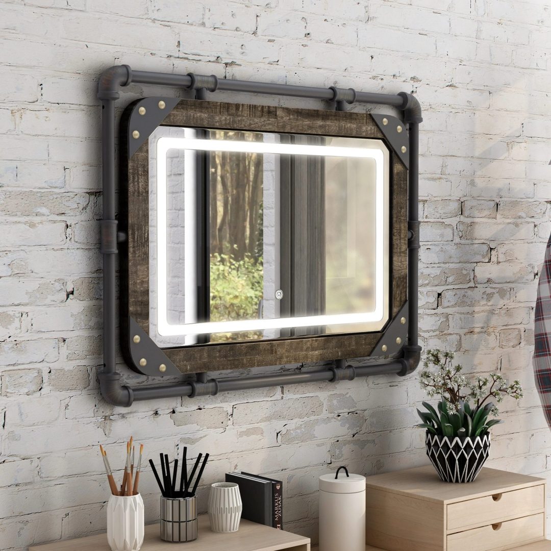 ZenVora Industrial Metal Wall Mirror with LED Lights, Modern Decorative Mirror for Home