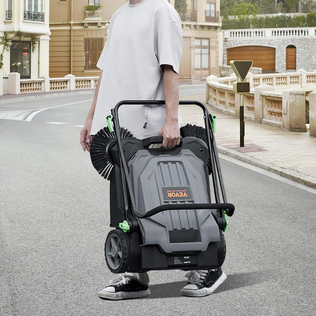 ZenVora Walk-Behind Hand Push Floor Sweeper, 5-Gallon Waste Container, Manual Outdoor Sweeping Machine