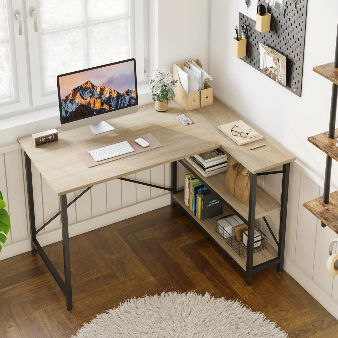 ZenVora Small L Shaped Computer Desk with Storage Shelves, Compact Corner Workstation for Home Office and Study