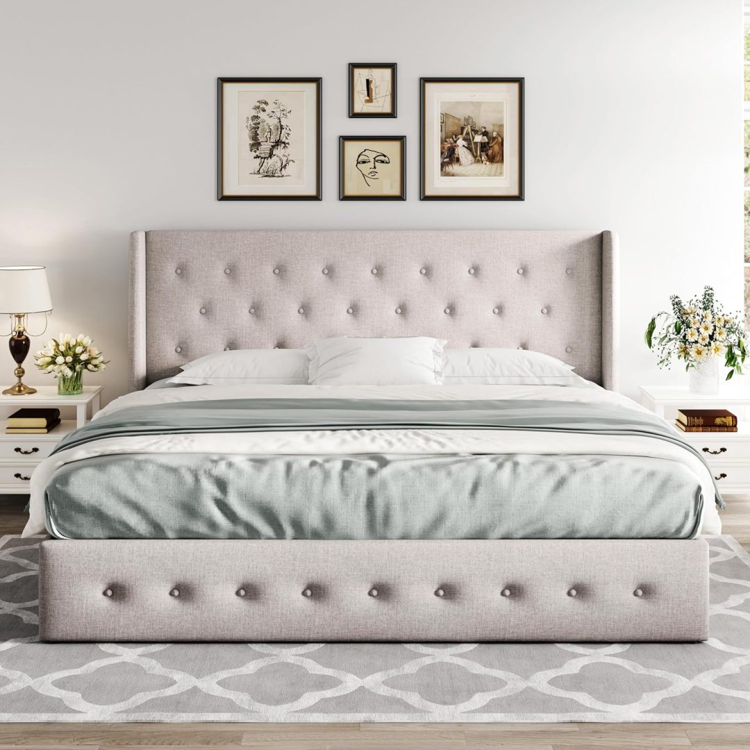 ZenVora Queen Size Lift Up Storage Bed with Wingback Headboard, Upholstered Platform Bed Frame with Hidden Storage
