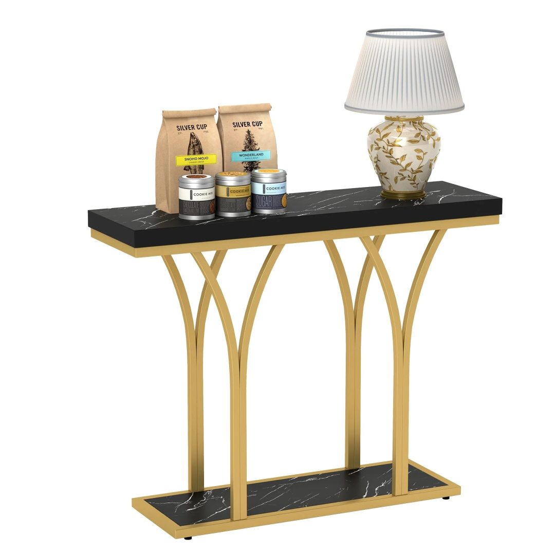 ZenVora Modern Gold Console Table with Marbled Top, Sofa Table for Entryway and Hallway
